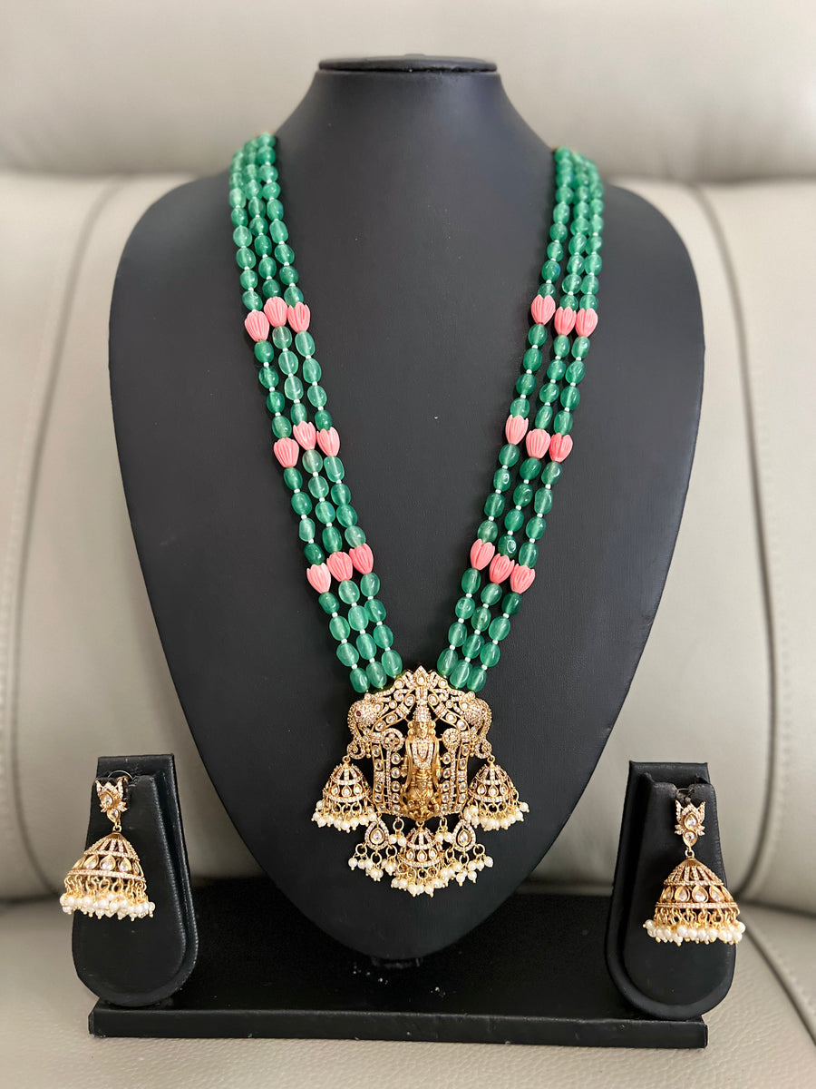 Victorian Green Coral Tulip Beaded Balaji necklace set. Vasthravedika