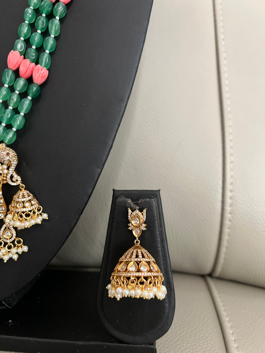 Victorian Green Coral Tulip Beaded Balaji necklace set. Vasthravedika
