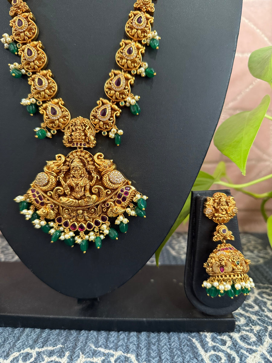 One Gram Gold Deep Nakshi Lakshmi Long Necklace Set