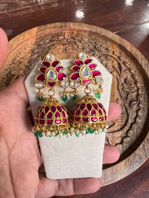 Pure 925 Silver Jadau Kundan Jhukma Earrings
