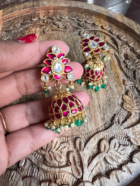 Pure 925 Silver Jadau Kundan Jhukma Earrings