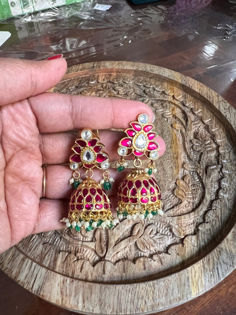 Pure 925 Silver Jadau Kundan Jhukma Earrings