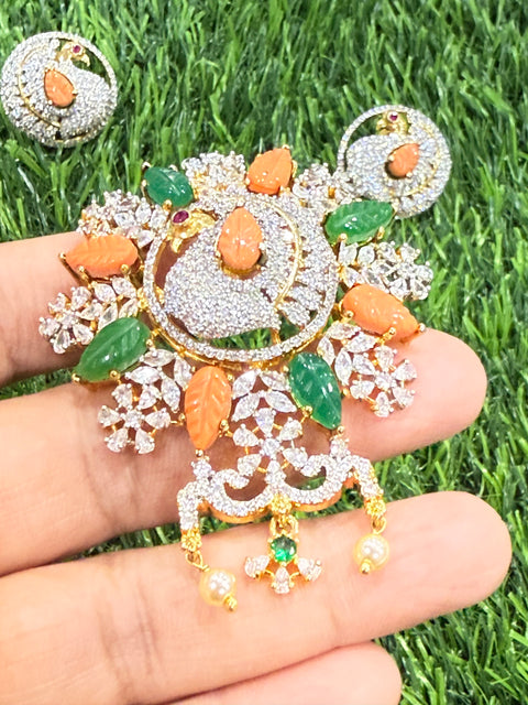 Pure 925 Silver Premium CZ, Coral and Jade Pendant and Studs