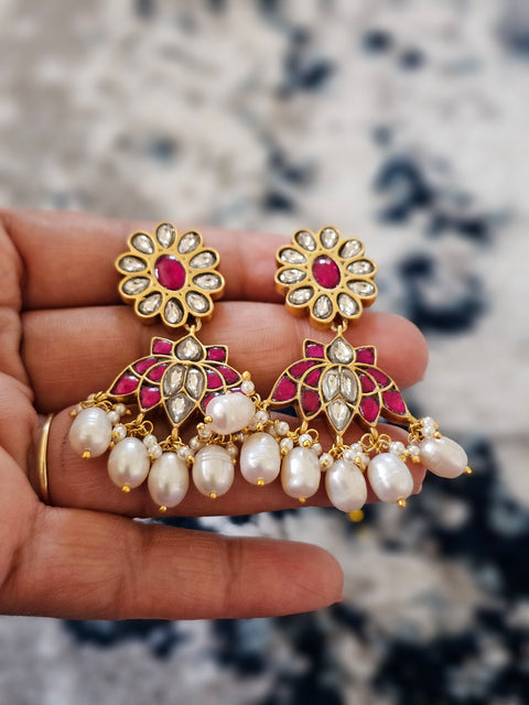 Pure 925 Silver Jadau Kundan Earrings
