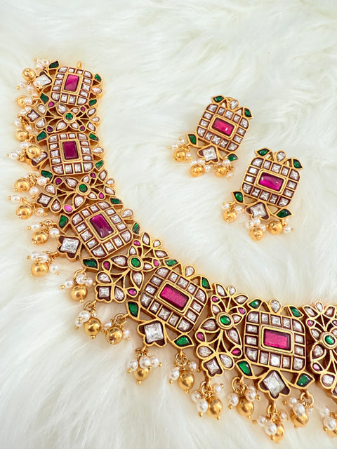 Pure 925 Silver Jadau Kundan Necklace with Earrings