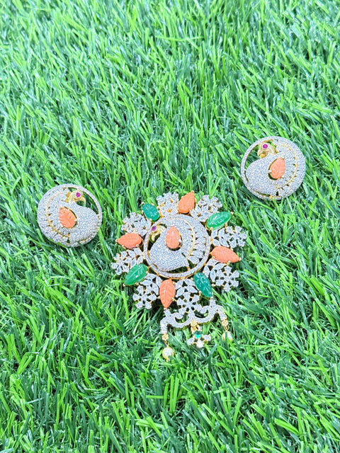 Pure 925 Silver Premium CZ, Coral and Jade Pendant and Studs