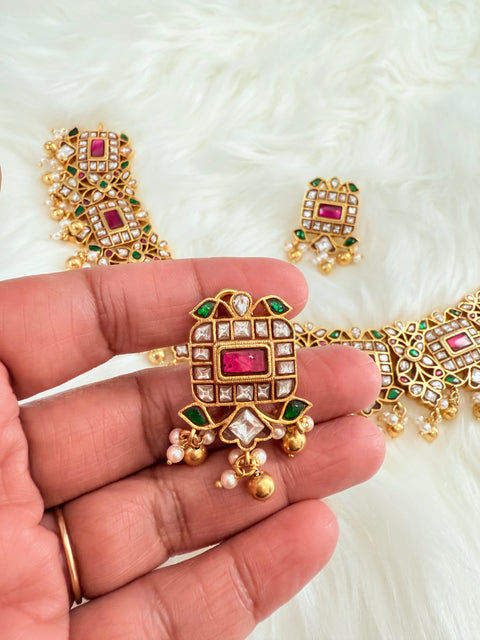 Pure 925 Silver Jadau Kundan Necklace with Earrings