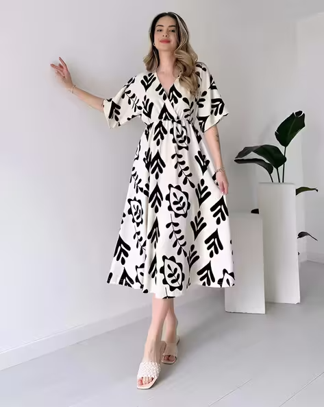 Cotton Leaf Printed Fit and Flare Dress