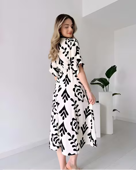 Cotton Leaf Printed Fit and Flare Dress