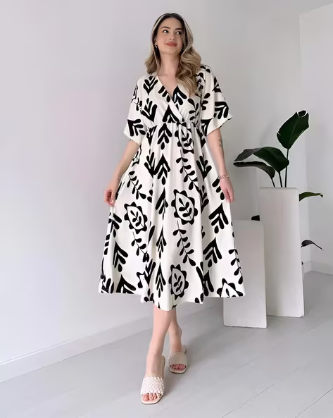 Cotton Leaf Printed Fit and Flare Dress