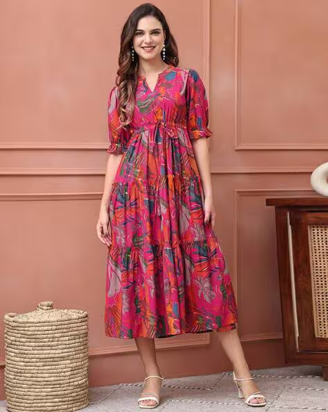 Rayon Printed Fit and Flare Dress