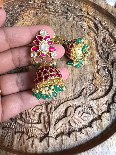 Pure 925 Silver Jadau Kundan Jhukma Earrings