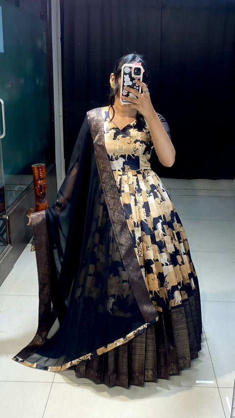 Banaras Pichwai Cow Print Gown with Dupatt