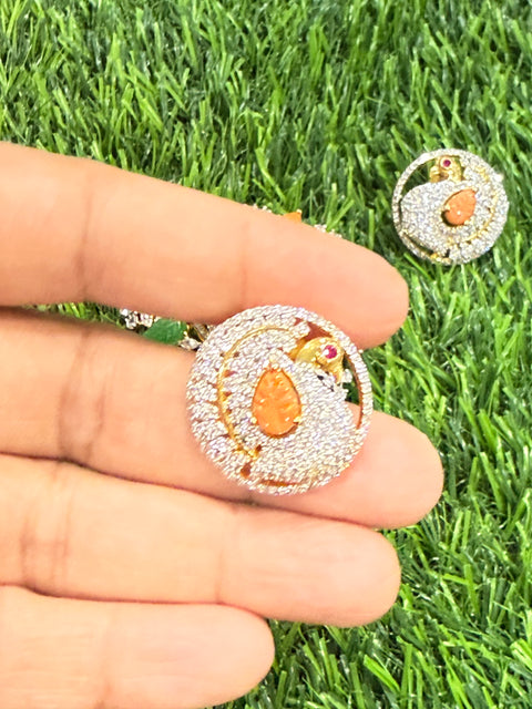 Pure 925 Silver Premium CZ, Coral and Jade Pendant and Studs
