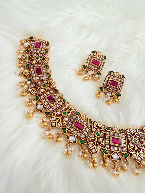 Pure 925 Silver Jadau Kundan Necklace with Earrings