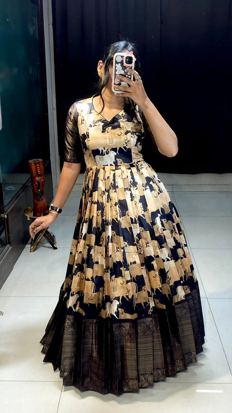 Banaras Pichwai Cow Print Gown with Dupatt