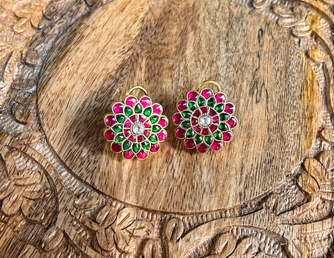 Pure 925 Silver Jadau Kundan Stud Earrings