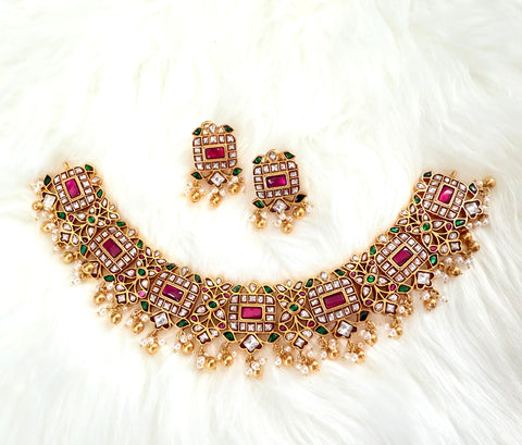 Pure 925 Silver Jadau Kundan Necklace with Earrings