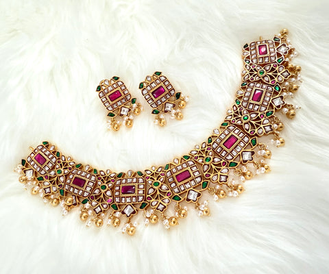 Pure 925 Silver Jadau Kundan Necklace with Earrings