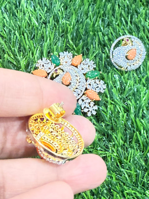 Pure 925 Silver Premium CZ, Coral and Jade Pendant and Studs