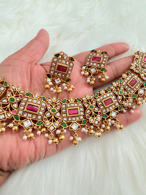 Pure 925 Silver Jadau Kundan Necklace with Earrings