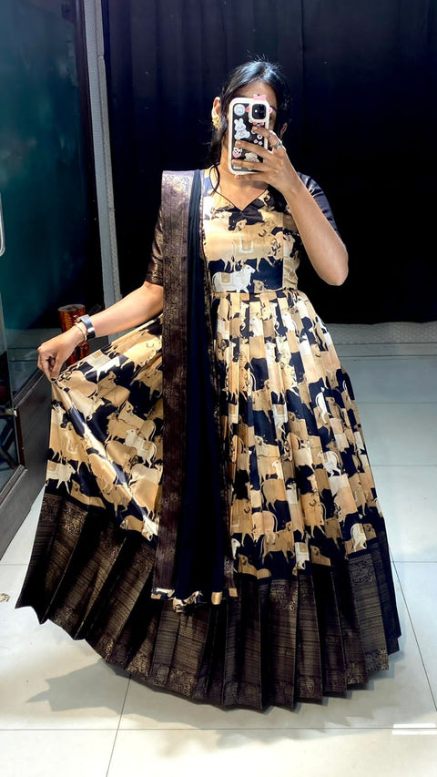 Banaras Pichwai Cow Print Gown with Dupatt