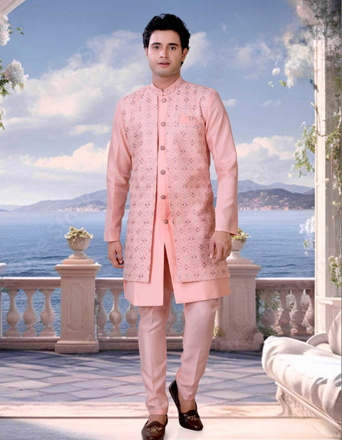 Silk Embroidered Men’s Layered Sherwani Kurta Pyzama