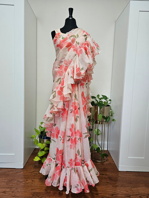 Organza shimmer Ruffle Saree with Blouse