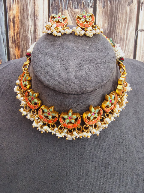 Pure 925 Silver Coral Choker Necklace and Earring Set