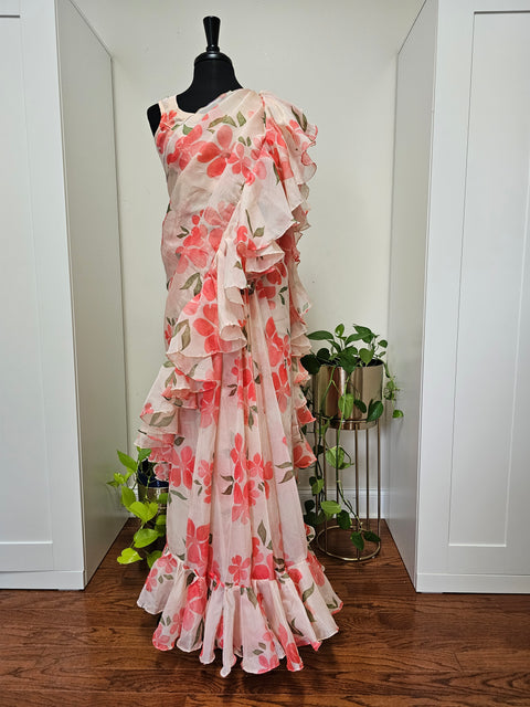 Organza shimmer Ruffle Saree with Blouse