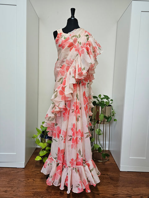 Organza shimmer Ruffle Saree with Blouse